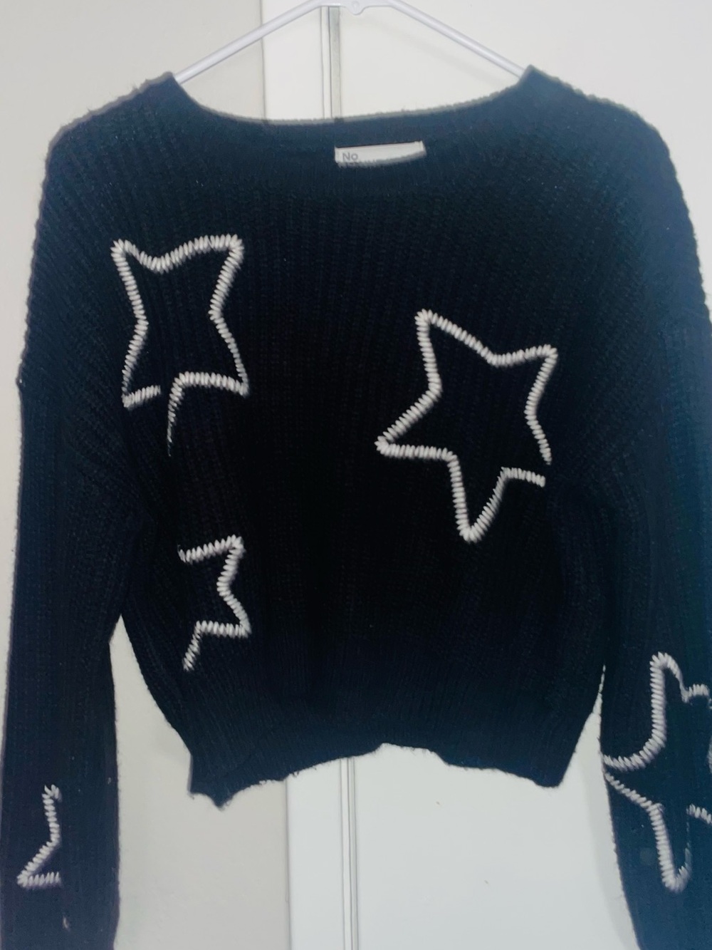 No Boundaries Black Crewneck Sweater with White Star Trim